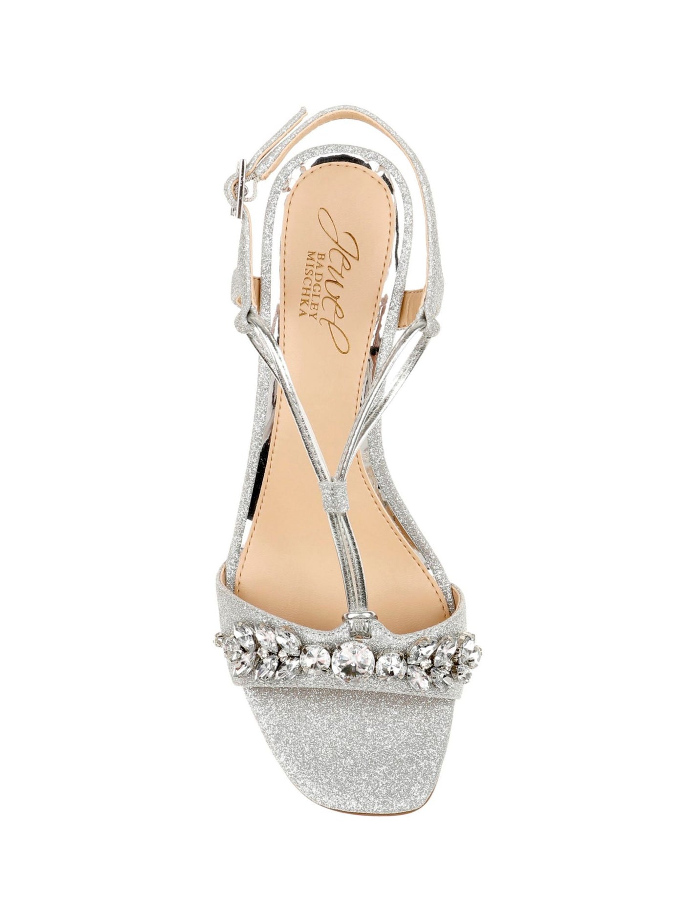 JEWEL BADGLEY MISCHKA Womens Silver Glitter Tubular Straps Comfort Adjustable Strap Gem Accent Oakes Square Toe Wedge Buckle Dress Sandals Shoes 8