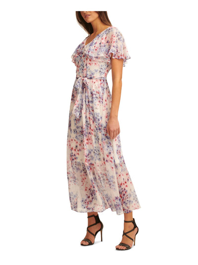 DKNY Womens Blue Zippered Tie Floral Flutter Sleeve V Neck Maxi Wear To Work Fit + Flare Dress 6