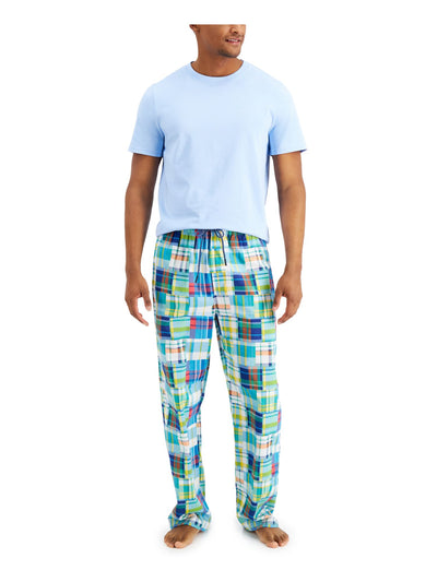 CLUBROOM Mens Blue Drawstring Short Sleeve T-Shirt Top Straight leg Pants Pajamas L