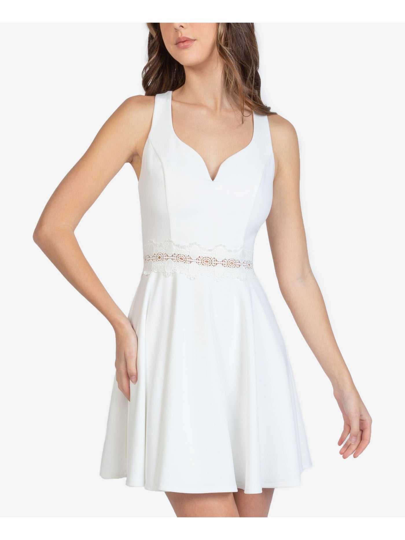 B DARLIN Womens White Lace Zippered Sleeveless Sweetheart Neckline Mini Evening Fit + Flare Dress Juniors 5\6