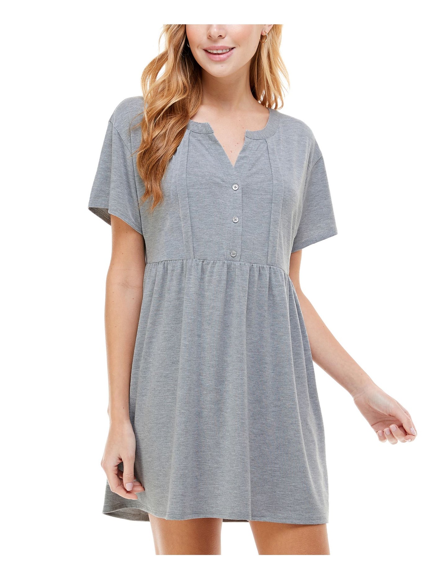 KINGSTON GREY Womens Gray Stretch Short Length Split Neck Short Sleeve Split Mini Baby Doll Dress Juniors XS