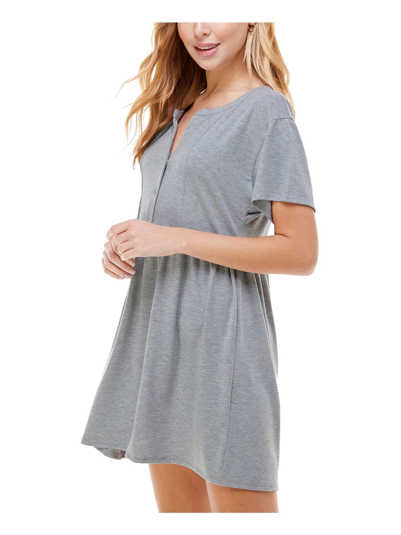 KINGSTON GREY Womens Gray Stretch Short Length Split Neck Short Sleeve Split Mini Baby Doll Dress Juniors XL