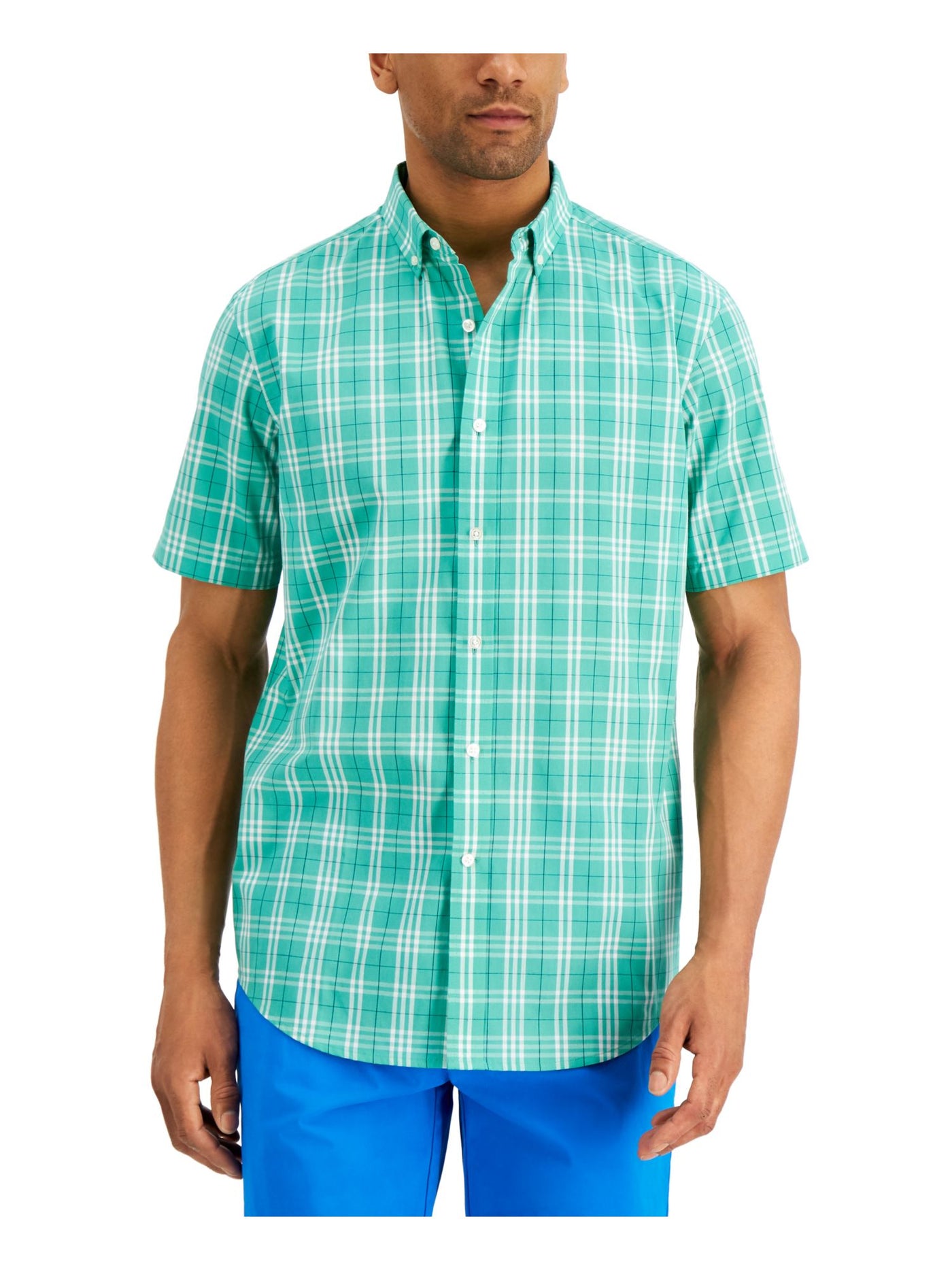 CLUBROOM Mens Green Plaid Short Sleeve Classic Fit Button Down Casual Shirt L