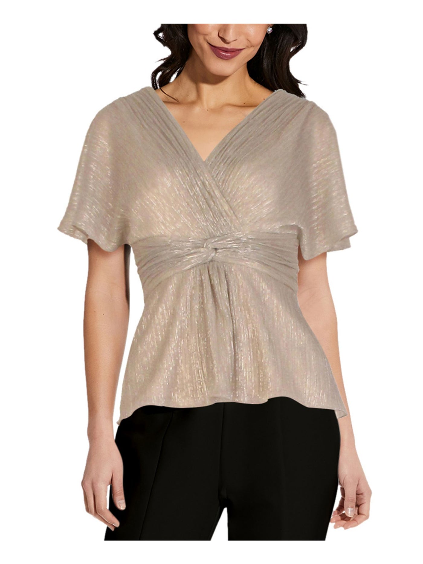 ADRIANNA PAPELL Womens Silver Stretch Metallic Zippered Kimono Sleeve V Neck Evening Peplum Top 6