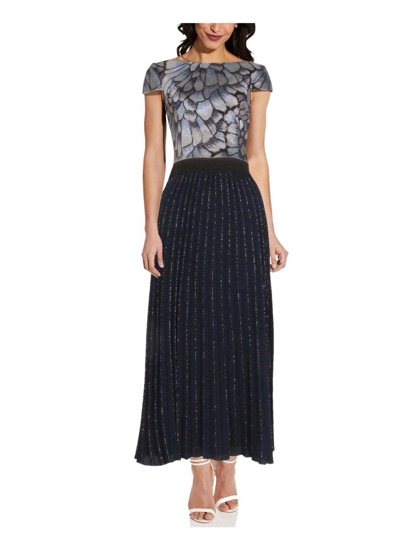 ADRIANNA PAPELL Womens Navy Metallic Pull On Styling Tea-Length Cocktail Pleated Skirt Petites 14P