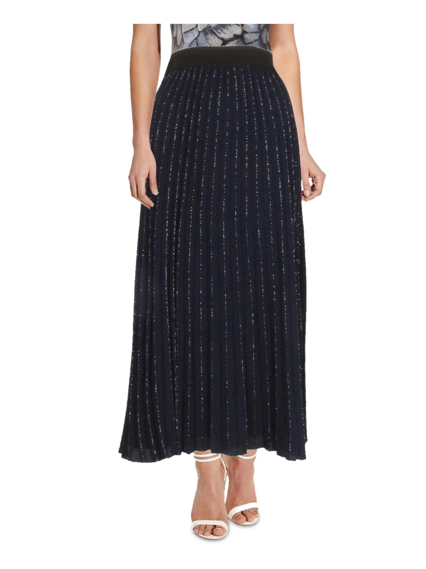 ADRIANNA PAPELL Womens Navy Metallic Pull On Styling Tea-Length Cocktail Pleated Skirt Petites 8P