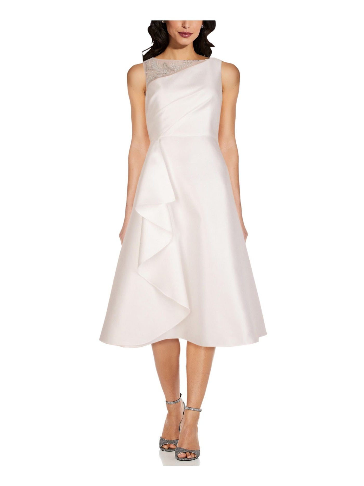 ADRIANNA PAPELL Womens White Embellished Zippered Sleeveless Boat Neck Midi Party A-Line Dress 4
