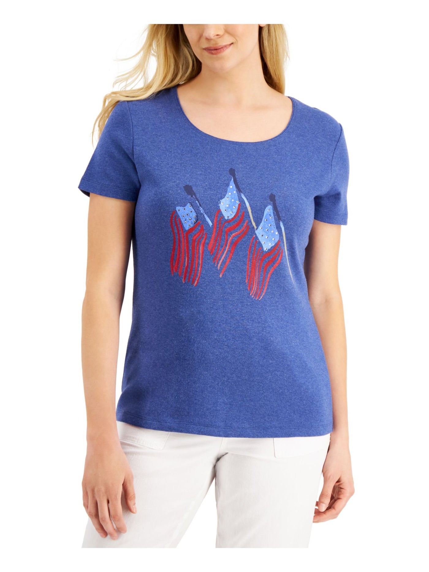 KAREN SCOTT Womens Blue Embellished Relaxed Fit Graphic Short Sleeve Scoop Neck T-Shirt M
