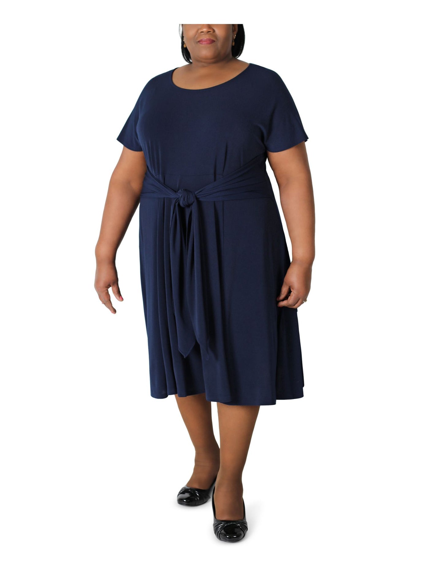 SIGNATURE BY ROBBIE BEE Womens Navy Stretch Belted Handkerchief Hem Unlined Short Sleeve Round Neck Tea-Length Wear To Work Fit + Flare Dress Plus 2X