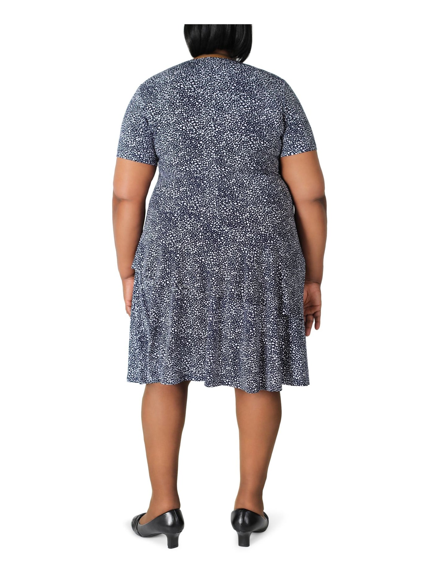 SIGNATURE BY ROBBIE BEE Womens Navy Stretch Ruffled Printed Surplice Neckline Midi Party Fit + Flare Dress Plus 3X