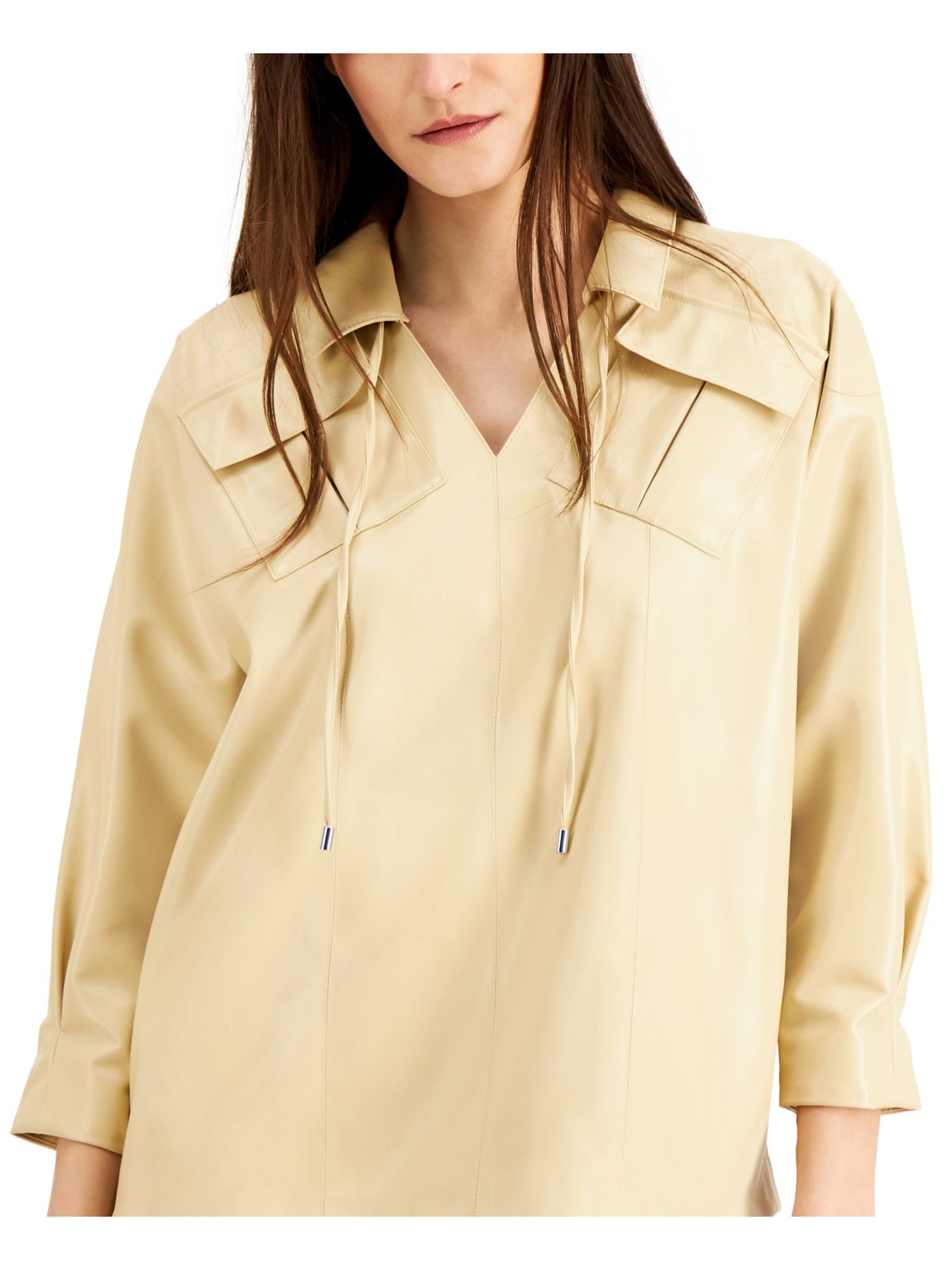ALFANI Womens Beige Pocketed Drawstring Neck 3/4 Sleeve Point Collar Top L
