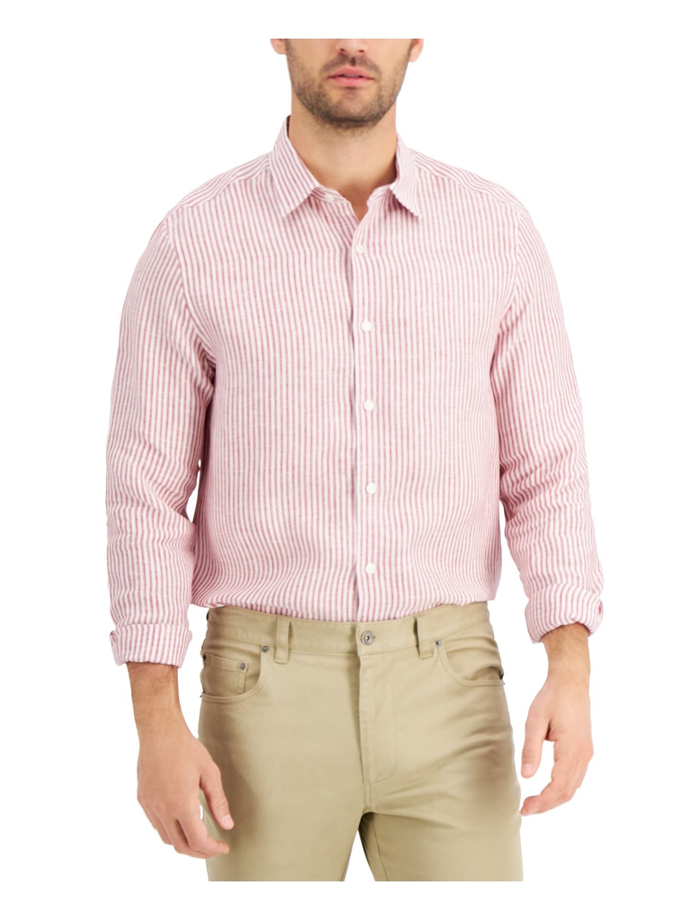 TASSO ELBA Mens Catalo Red Striped Spread Collar Classic Fit Button Down Shirt L