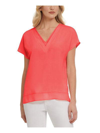 DKNY Womens Coral Sheer Chiffon Trim Vented Hem Short Sleeve V Neck Wear To Work Top XS