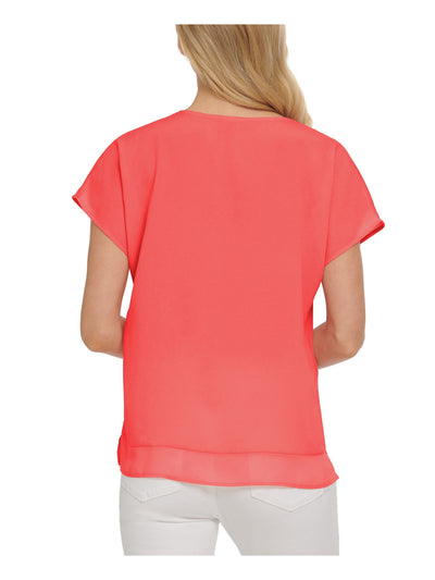 DKNY Womens Coral Sheer Chiffon Trim Vented Hem Short Sleeve V Neck Wear To Work Top S