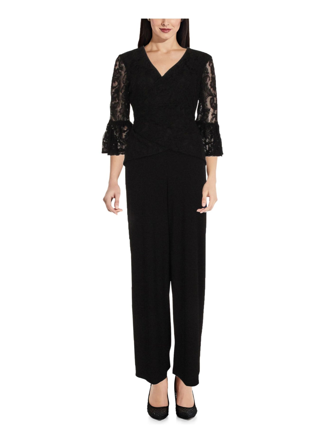 ADRIANNA PAPELL Womens Black Jersey Lace 3/4 Sleeve Evening Straight leg Jumpsuit 6