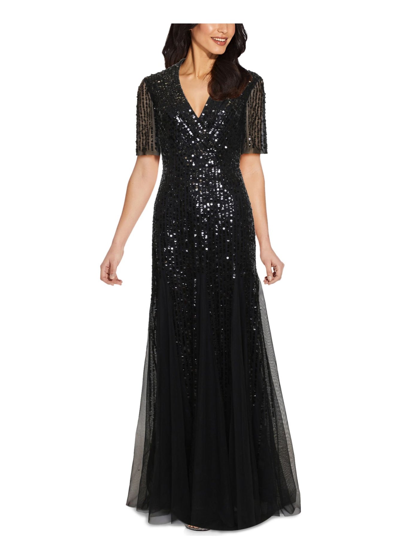 ADRIANNA PAPELL Womens Black Sequined Fitted Tuxedo Style Illusion Godets Short Sleeve V Neck Full-Length Formal Gown Dress 2