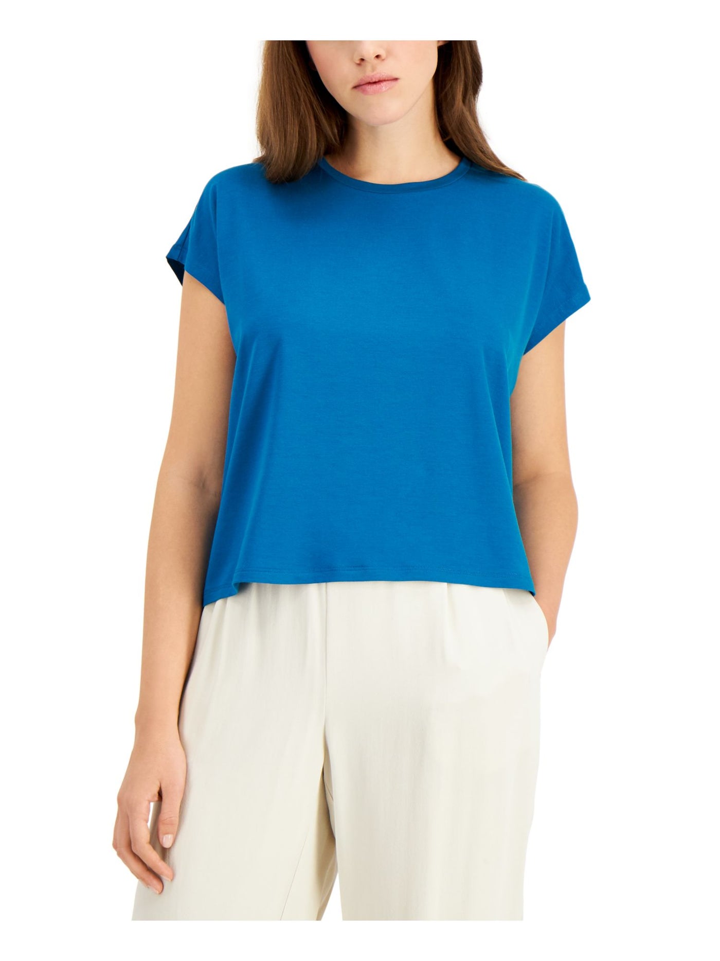 EILEEN FISHER Womens Turquoise Stretch Short Sleeve Crew Neck Top M