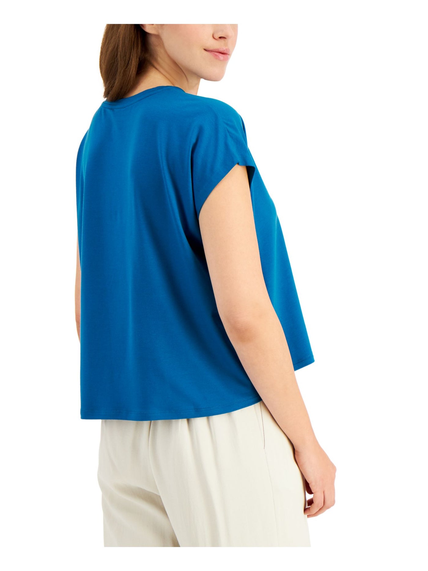 EILEEN FISHER Womens Teal Stretch Cap Sleeve Crew Neck Top L