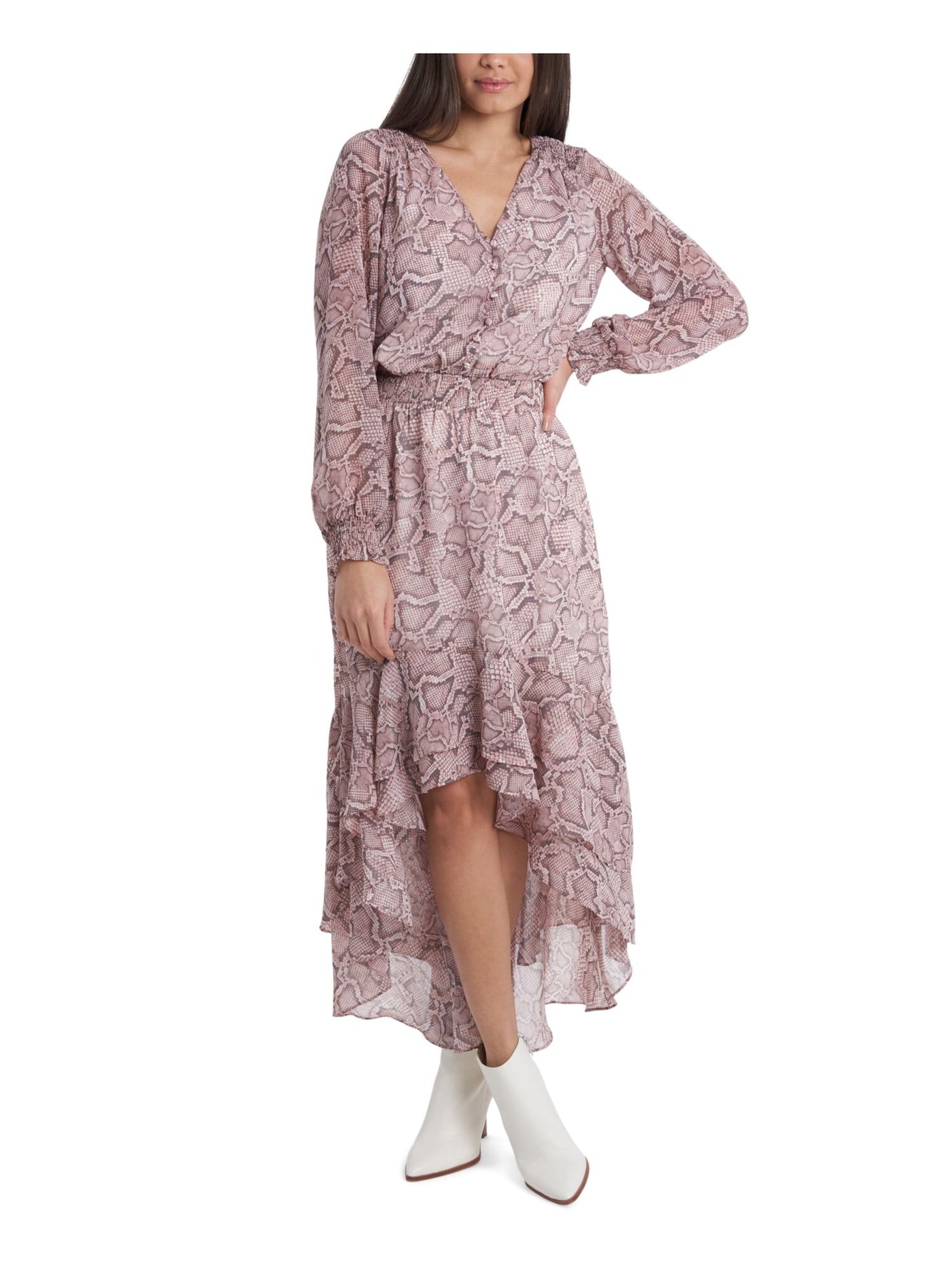 1. STATE Womens Pink Ruffled Smocked Elastic-waist Buttoned Animal Print Cuffed Sleeve V Neck Maxi Cocktail Hi-Lo Dress M
