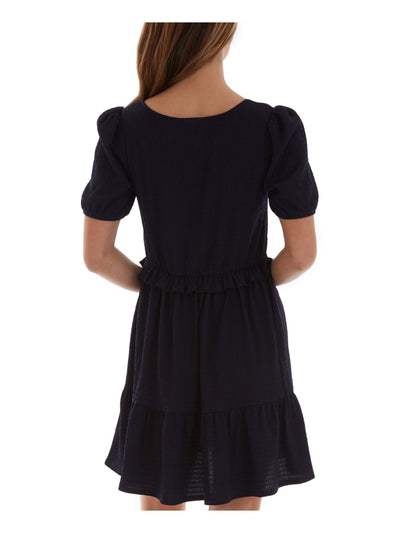 BCX DRESS Womens Navy Ruffled Textured Pouf Sleeve Square Neck Short Shift Dress XXS
