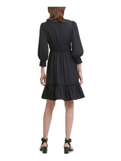 CALVIN KLEIN Womens Black Stretch Textured Ruffled Pullover Styling 3/4 Sleeve V Neck Above The Knee Evening Fit + Flare Dress 2