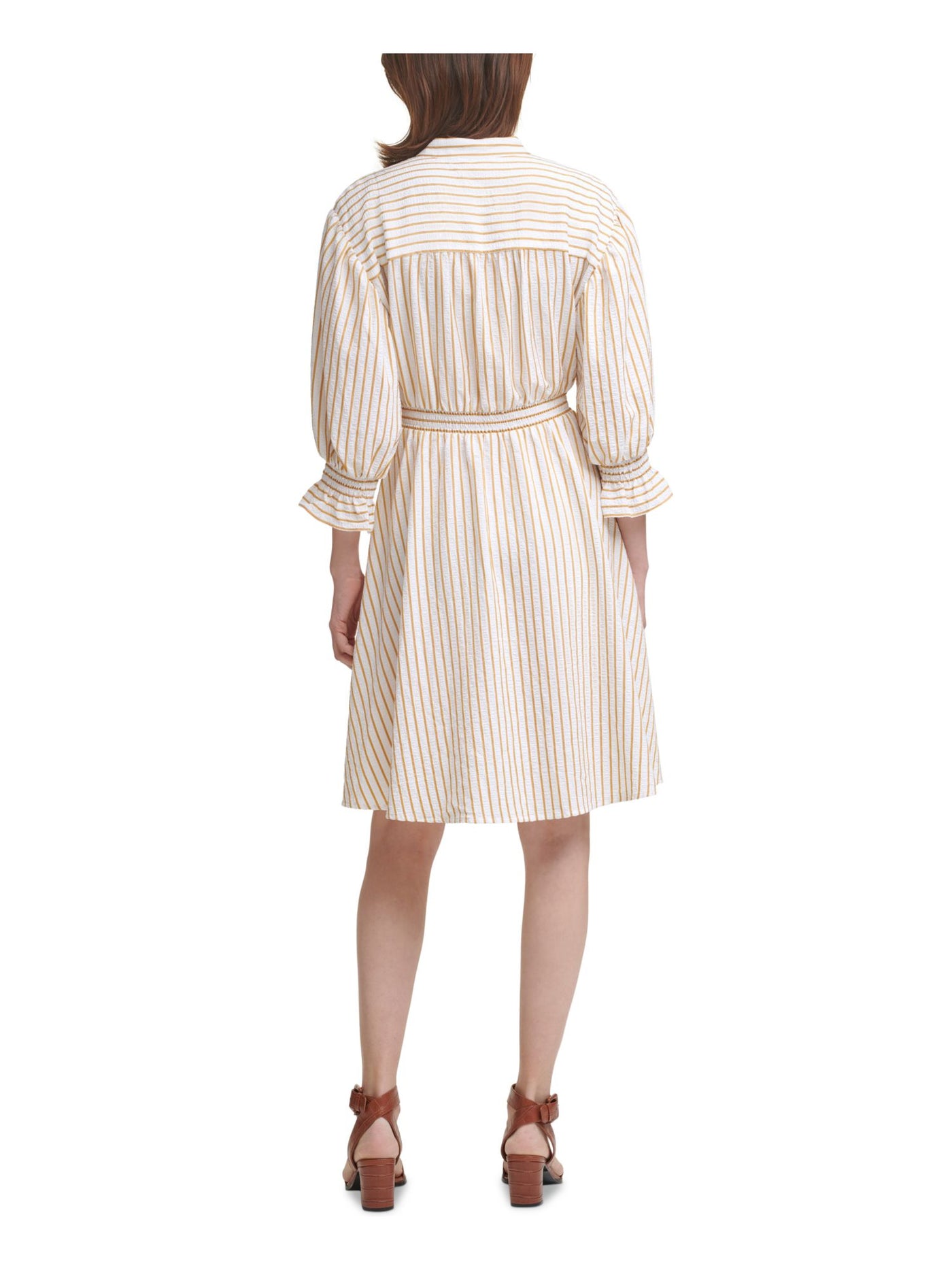CALVIN KLEIN Womens White Smocked Ruffled Split Tie Neck  Unlined Striped Balloon Sleeve Above The Knee Evening Fit + Flare Dress 4