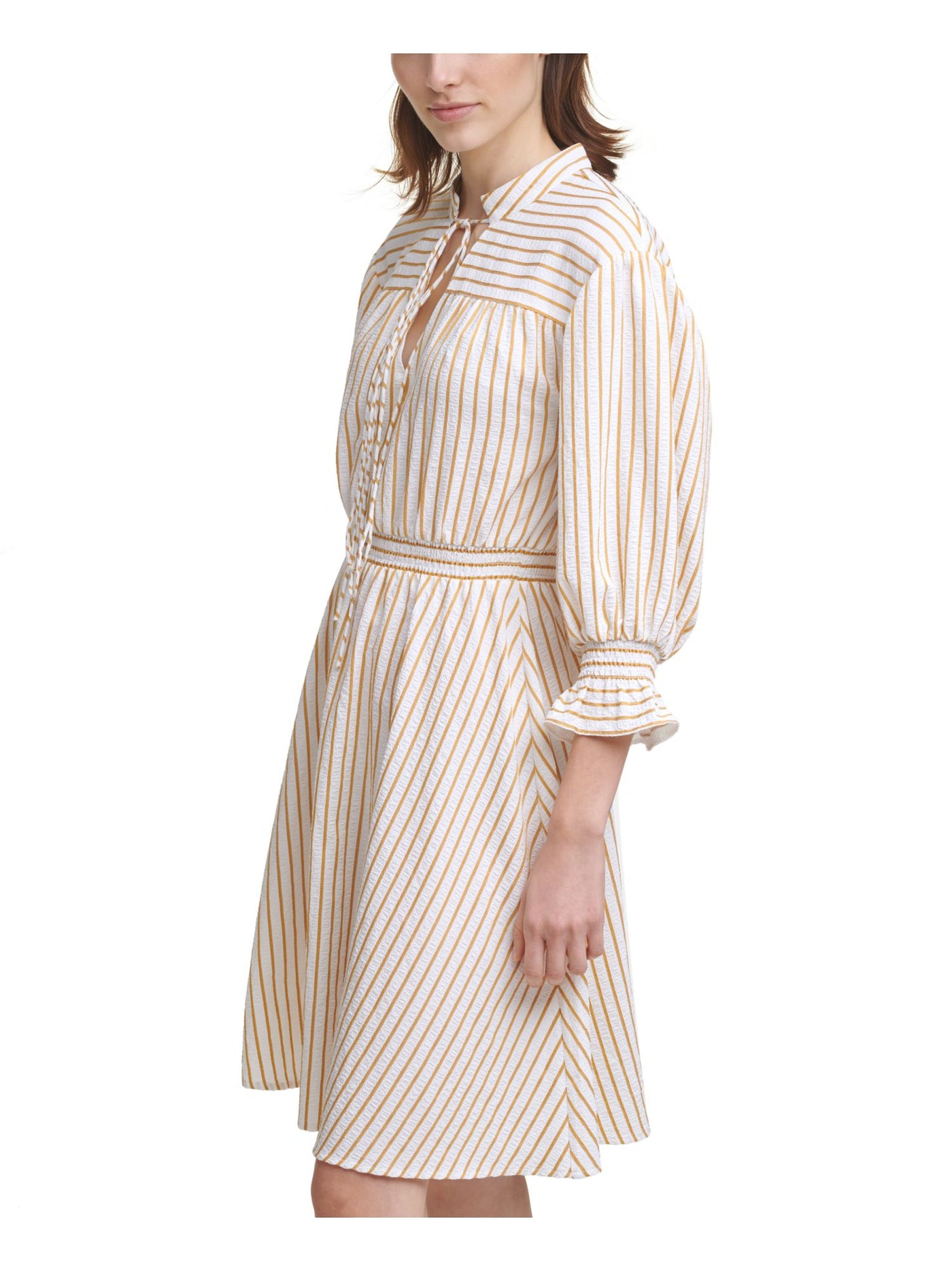 CALVIN KLEIN Womens White Smocked Ruffled Split Tie Neck  Unlined Striped Balloon Sleeve Above The Knee Evening Fit + Flare Dress 4