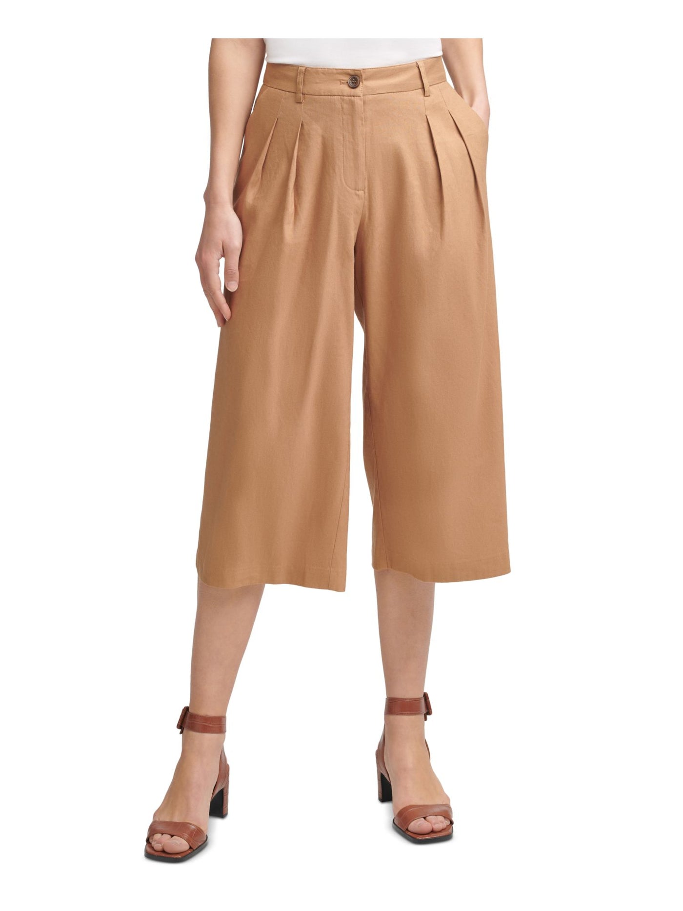 CALVIN KLEIN Womens Beige Pleated Zippered Pocketed Cropped Wear To Work Wide Leg Pants 16