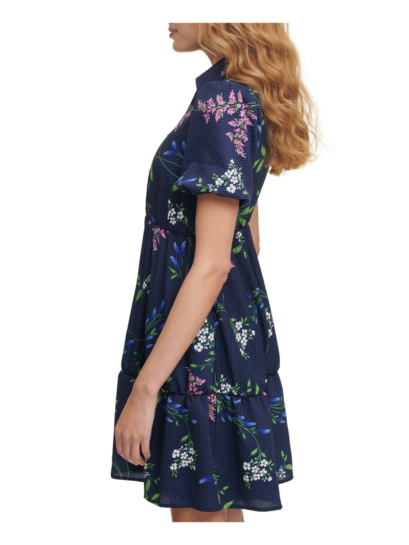 KENSIE DRESSES Womens Navy Pocketed Flounce Hemline Shirred Waist Floral Pouf Sleeve Point Collar Short Wear To Work Shirt Dress 8