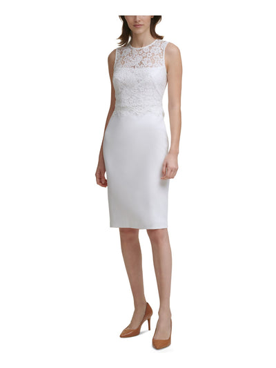 CALVIN KLEIN Womens Ivory Stretch Zippered Sheer Lace-overlay Scuba Crepe Sleeveless Crew Neck Above The Knee Cocktail Sheath Dress Petites 4P