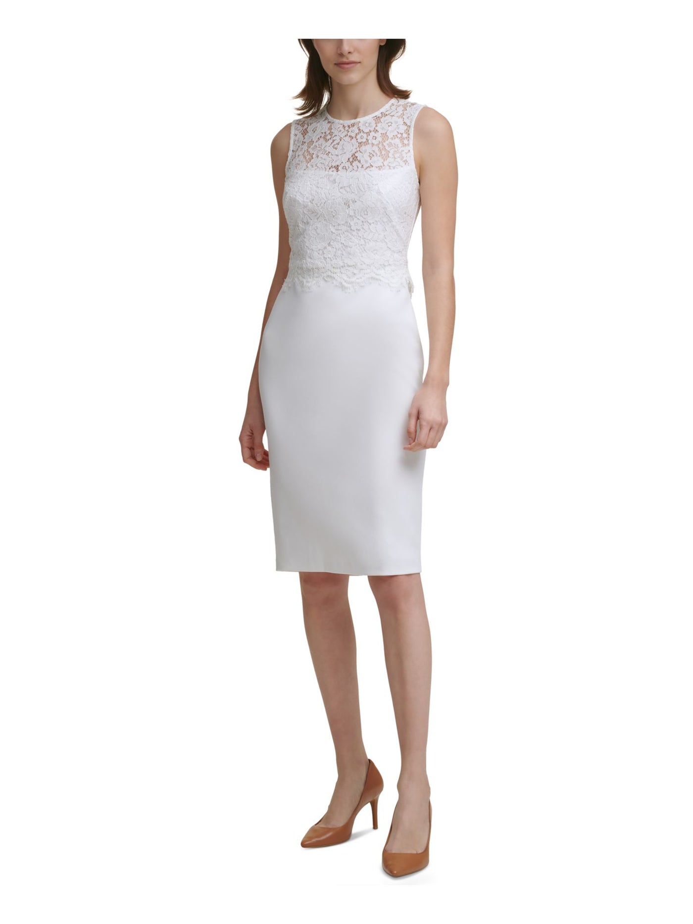 CALVIN KLEIN Womens Ivory Stretch Sheer Crew Neck Above The Knee Cocktail Sheath Dress Petites 2P