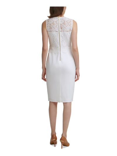 CALVIN KLEIN Womens Ivory Stretch Zippered Sheer Lace-overlay Scuba Crepe Sleeveless Crew Neck Above The Knee Cocktail Sheath Dress Petites 4P