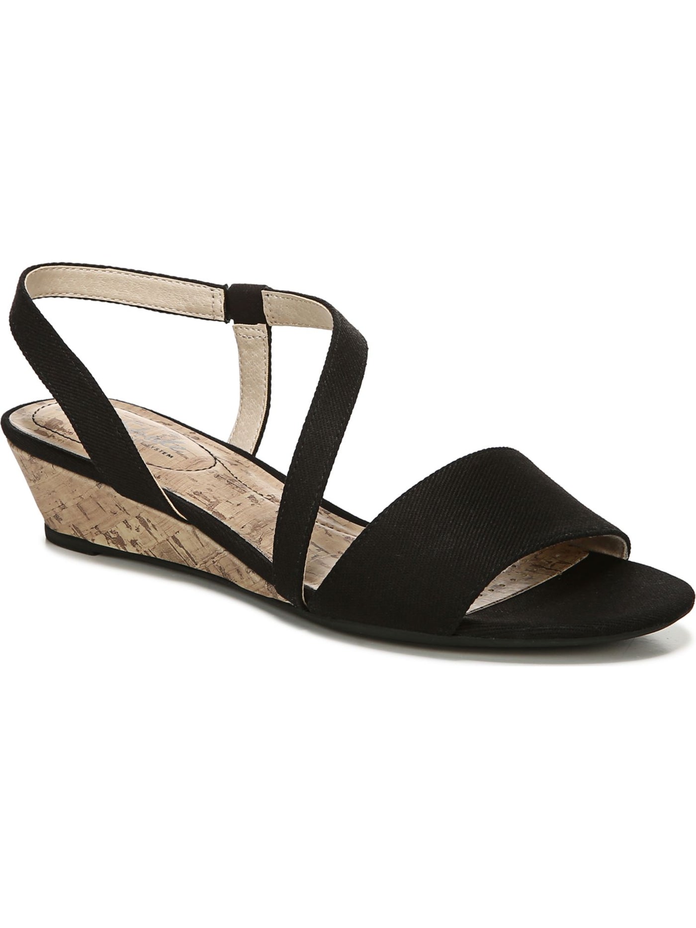 LIFE STRIDE Womens Black Traction Sole Faux Cork Strappy Asymmetrical Cushioned Yasmine Round Toe Wedge Slip On Slingback Sandal 6 M