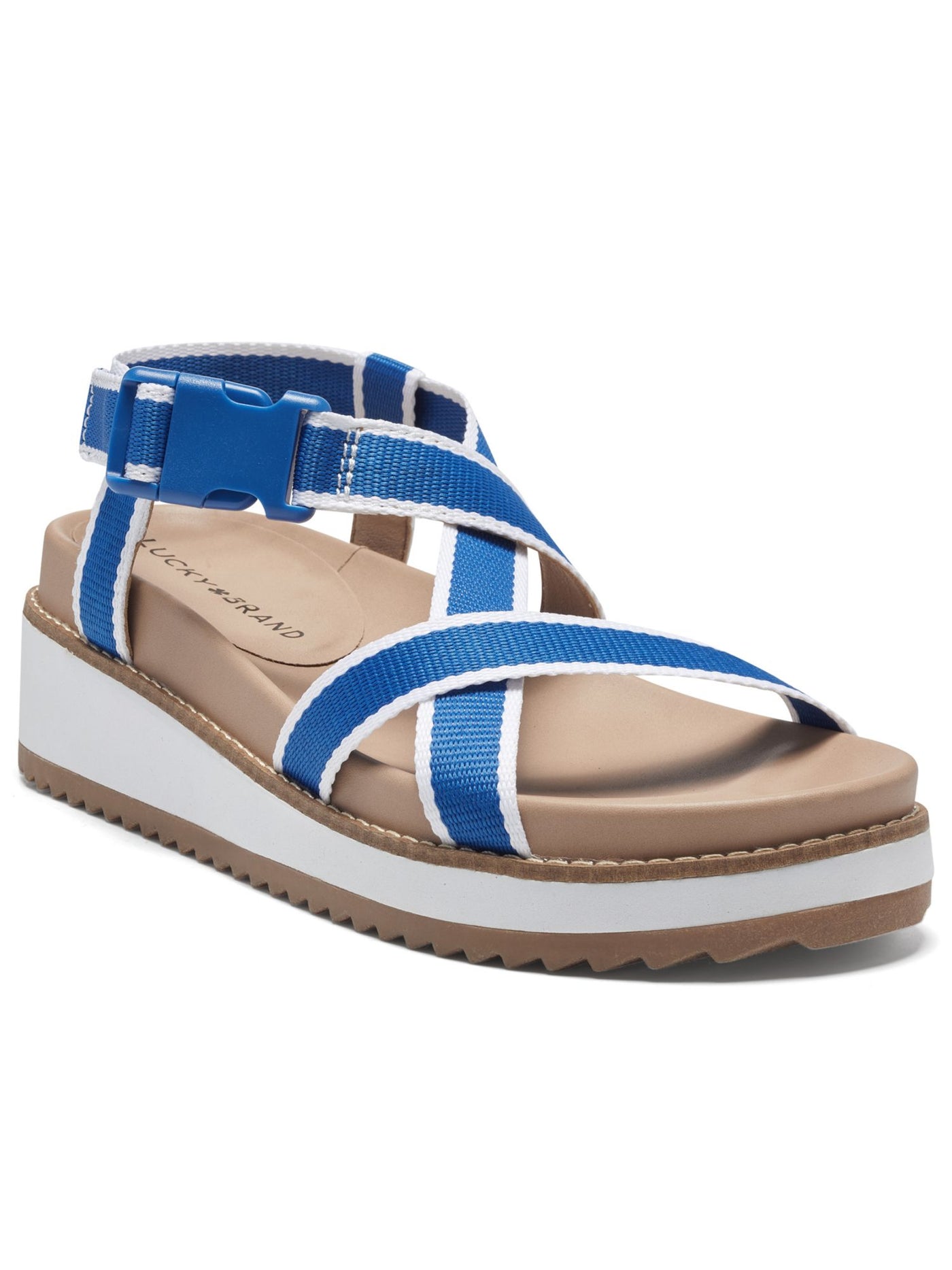 LUCKY BRAND Womens Blue Sporty Crisscross Ankle Strap 1" Platform Adjustable Strap Cushioned Imbae Round Toe Wedge Buckle Slingback Sandal 10 M