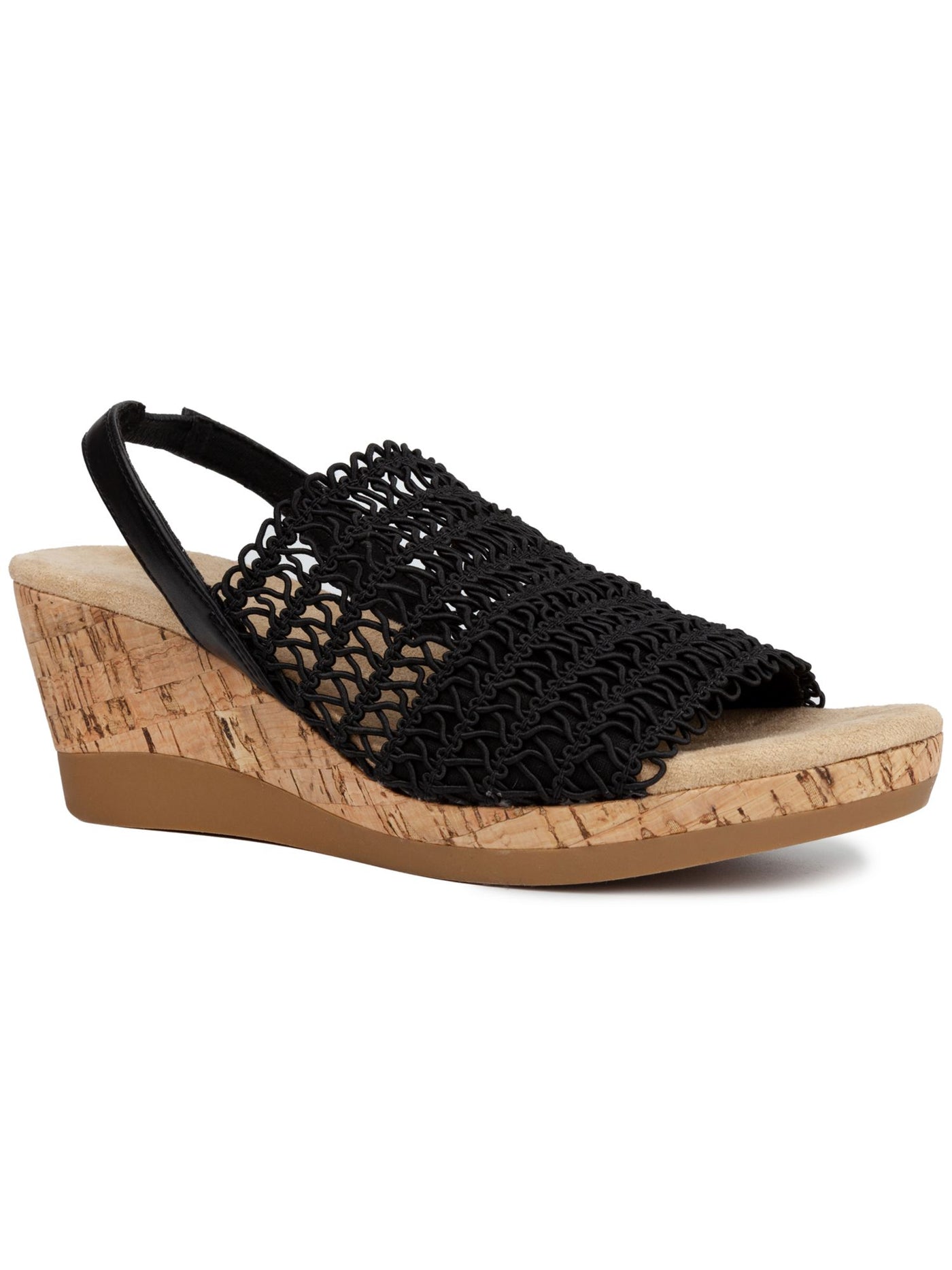 KAREN SCOTT Womens Black Macramã© Cork Look Wedge Macramã© Vamp Cushioned Meriamm Almond Toe Wedge Slip On Slingback Sandal 11 M