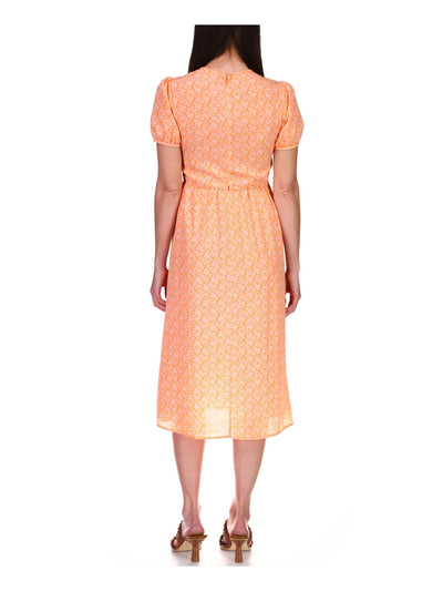 MICHAEL MICHAEL KORS Womens Orange Pleated Lined Zippered Paisley Short Sleeve Crew Neck Midi Fit + Flare Dress L