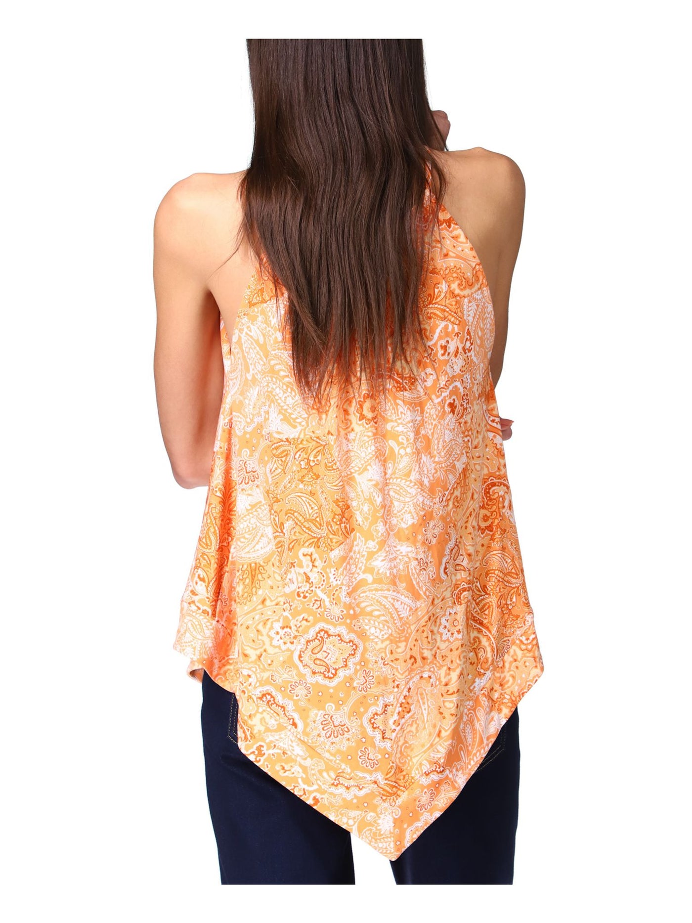 MICHAEL KORS Womens Orange Beaded Pullover Handkerchief Hem Paisley Sleeveless Halter Top S