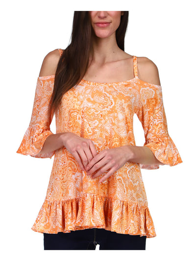 MICHAEL MICHAEL KORS Womens Orange Ruffled Adjustable Straps Paisley Elbow Sleeve Off Shoulder Top Petites P\XL