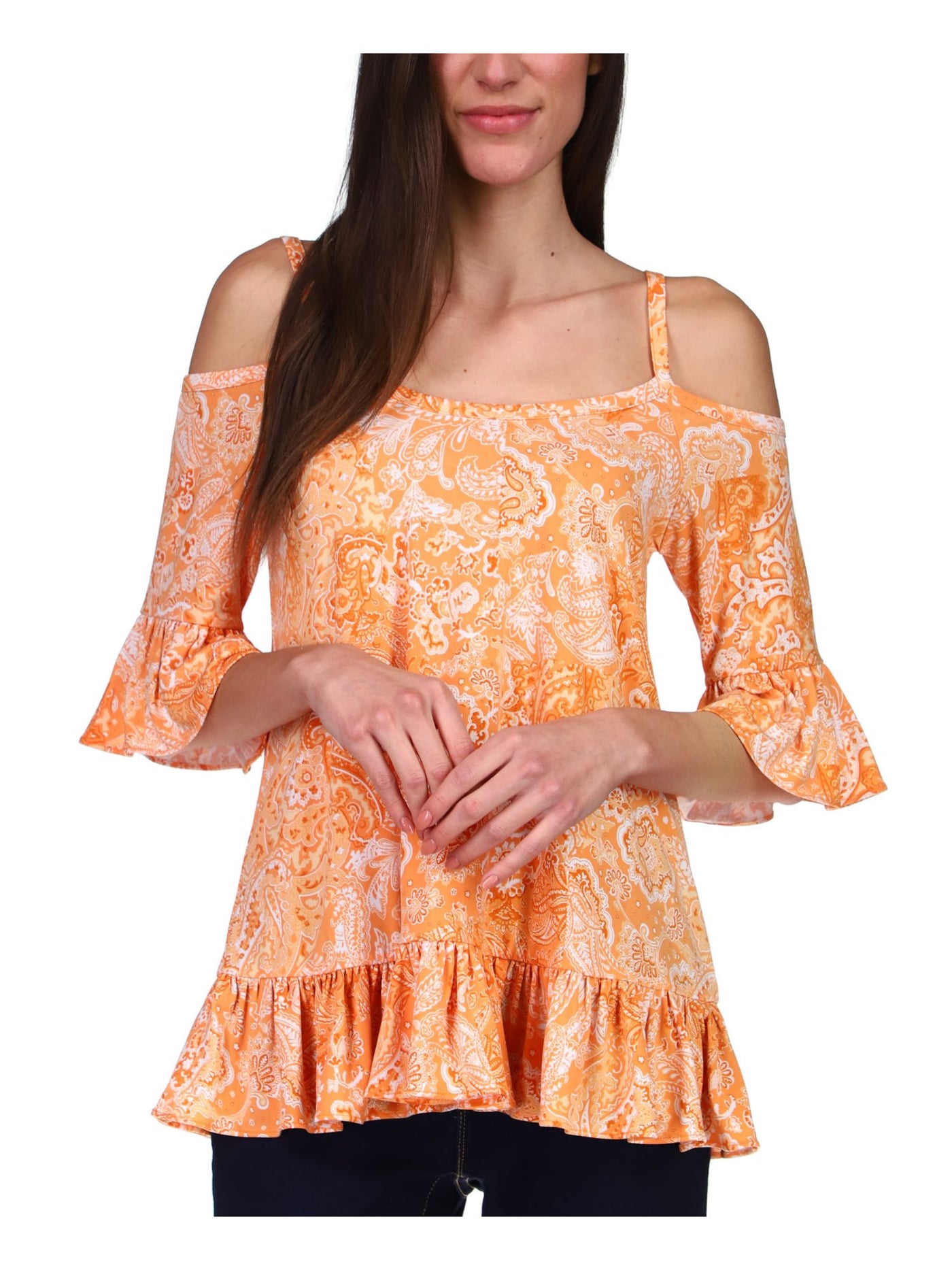 MICHAEL MICHAEL KORS Womens Orange Ruffled Adjustable Straps Paisley Elbow Sleeve Off Shoulder Top Petites P