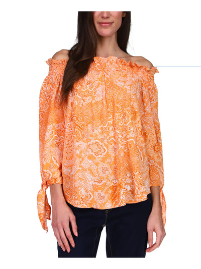 MICHAEL MICHAEL KORS Womens Orange Smocked Tie Paisley Long Sleeve Off Shoulder Top Petites P