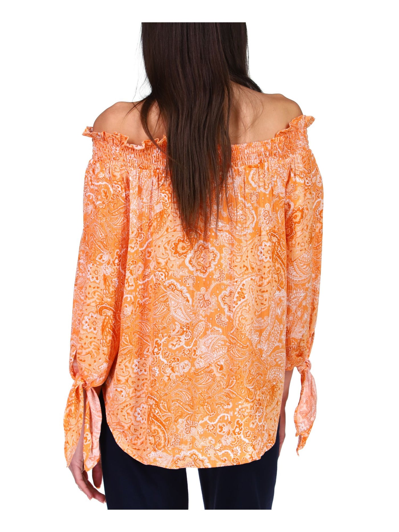 MICHAEL MICHAEL KORS Womens Orange Smocked Tie Paisley Long Sleeve Off Shoulder Top Petites P