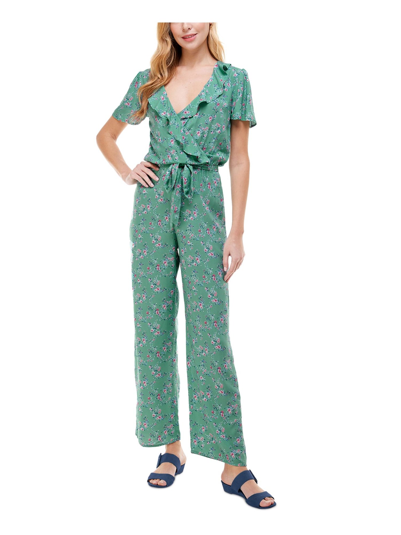 KINGSTON GREY Womens Green Ruffled Tie Floral Flutter Surplice Neckline Wide Leg Jumpsuit Juniors XL