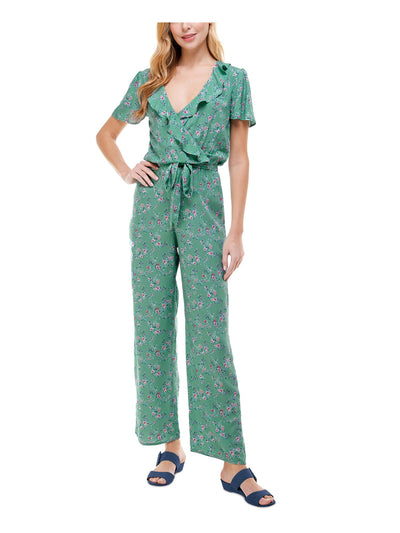 KINGSTON GREY Womens Green Ruffled Belted Floral Flutter Surplice Neckline Wide Leg Jumpsuit XXS