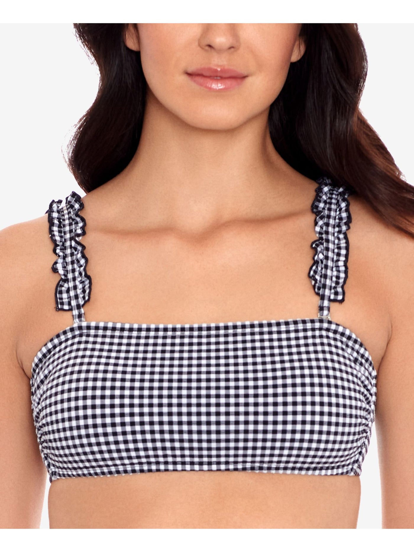 SALT + COVE Women's Black Gingham Stretch Removable Cups Bandeau Convertible Ruffled Swimsuit Top L