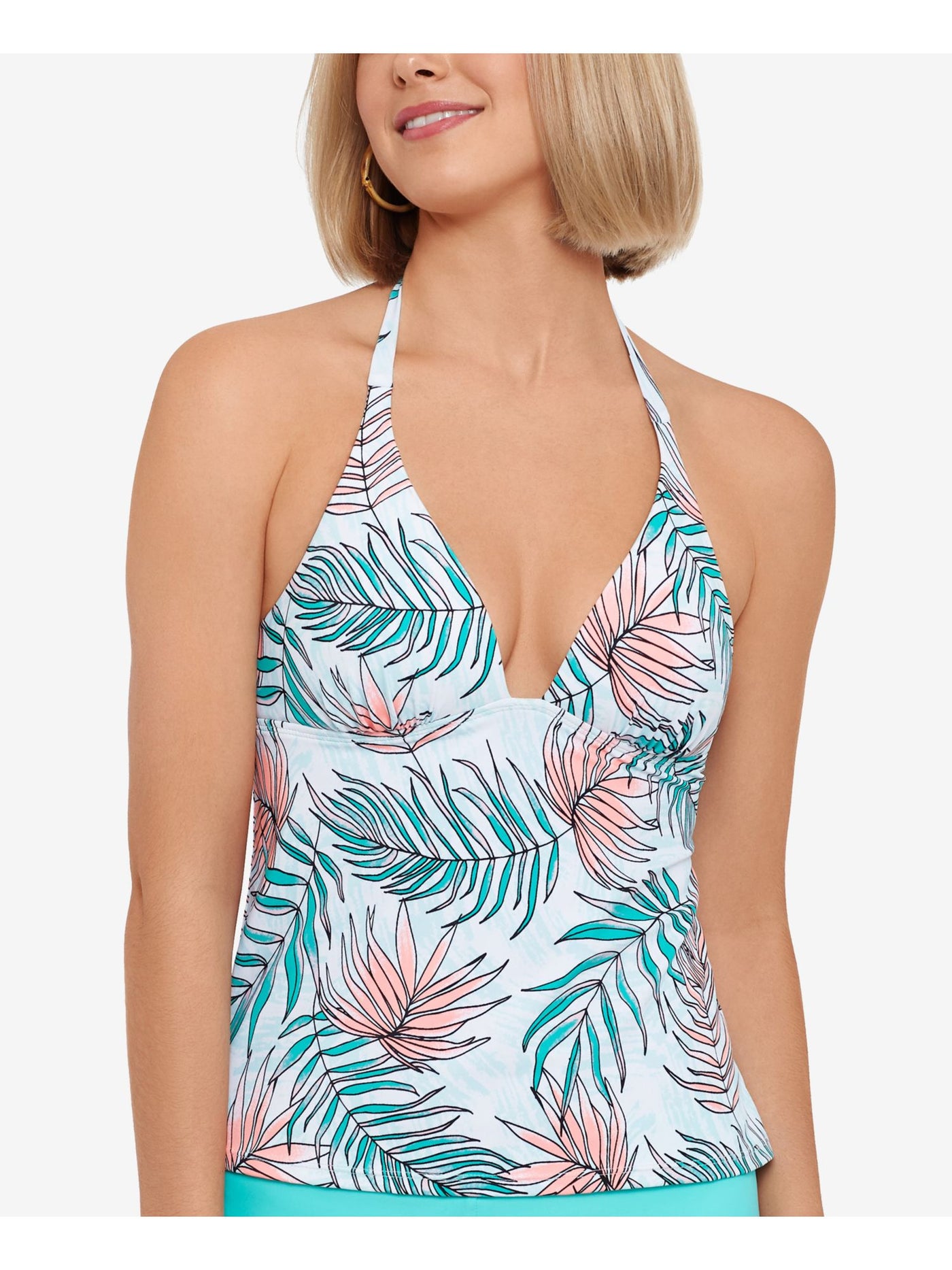 SALT + COVE Women's Turquoise Printed Removable Cups Lined Deep V Neck Tie Calm Palm Halter Tankini Swimsuit Top S