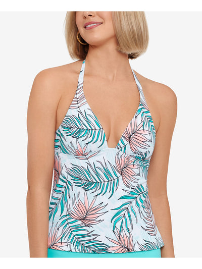 SALT + COVE Women's Aqua Printed Removable Cups Lined Deep V Neck Tie Calm Palm Halter Tankini Swimsuit Top XS