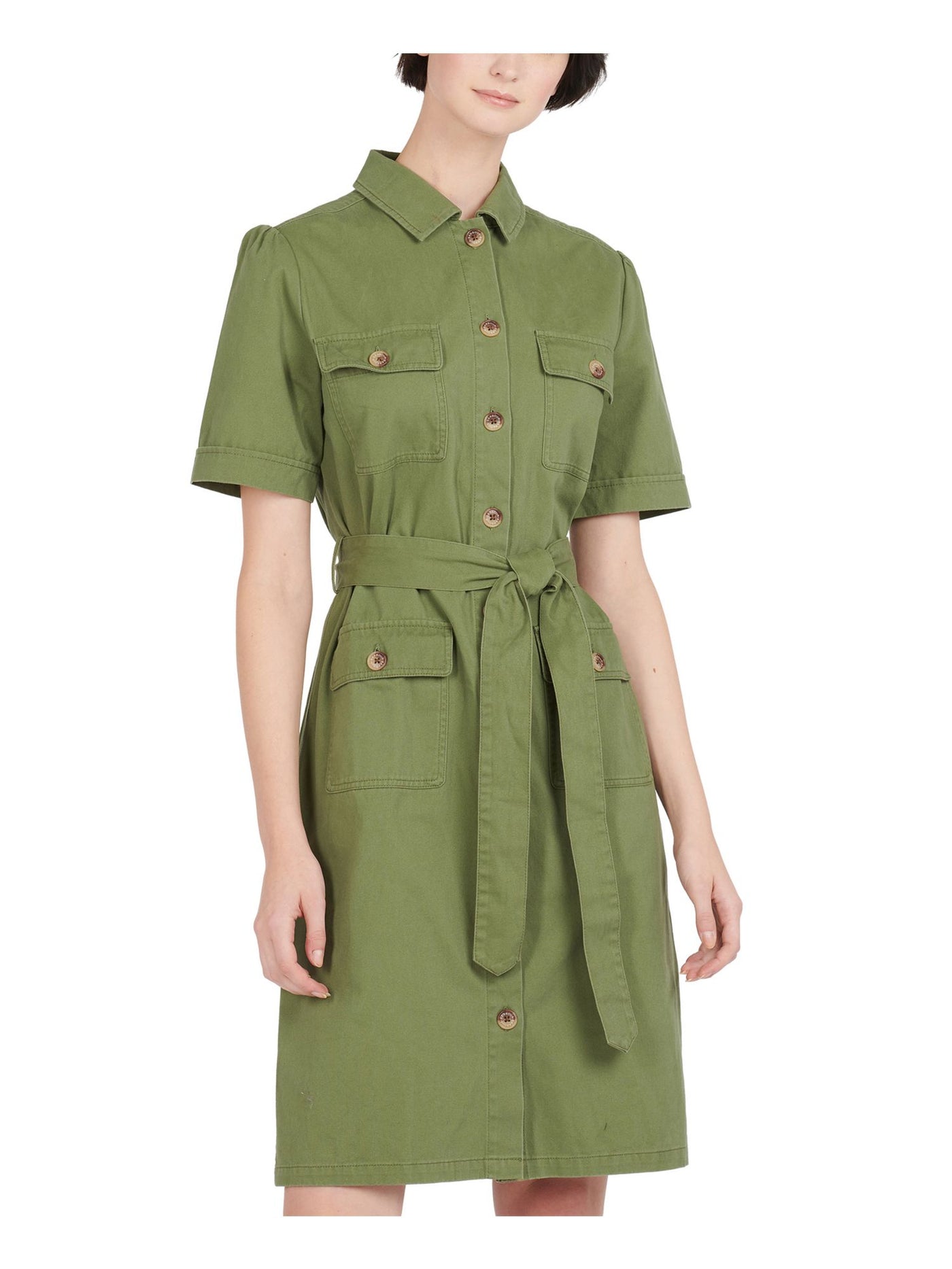 BARBOUR Womens Green Tie Pocketed Buttoned Utility Short Sleeve Point Collar Above The Knee Shirt Dress 8