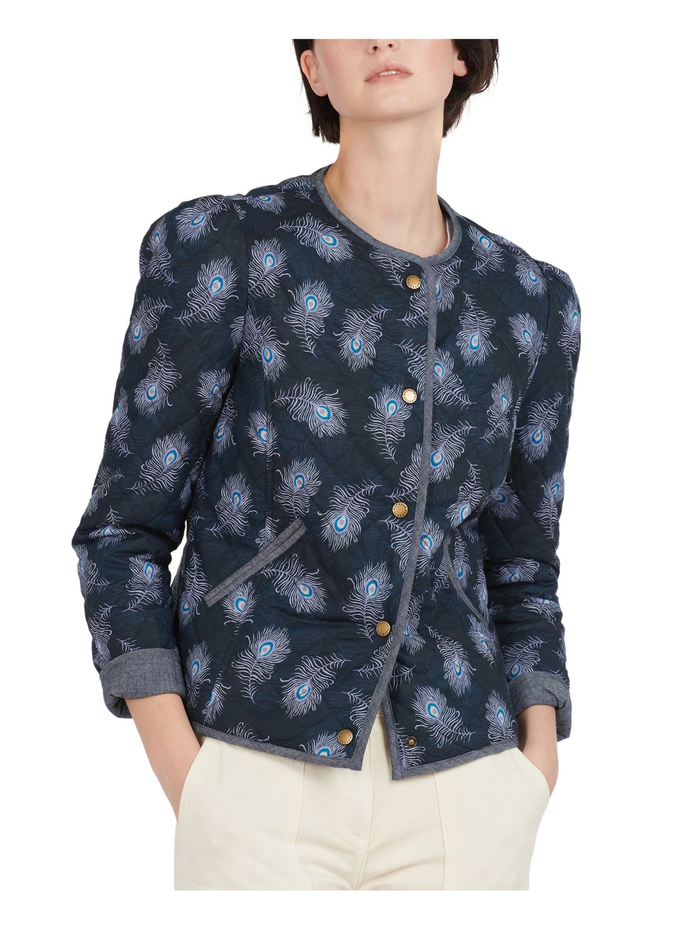 BARBOUR Womens Navy Pleated Pocketed Snap Closure Lined Printed Long Sleeve Quilted Jacket 6