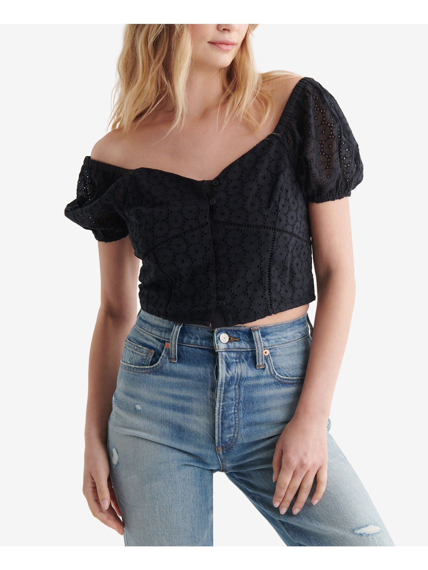 LUCKY BRAND Womens Black Eyelet Smocked Lace Button Front Closure Pouf Sleeve Sweetheart Neckline Crop Top XL