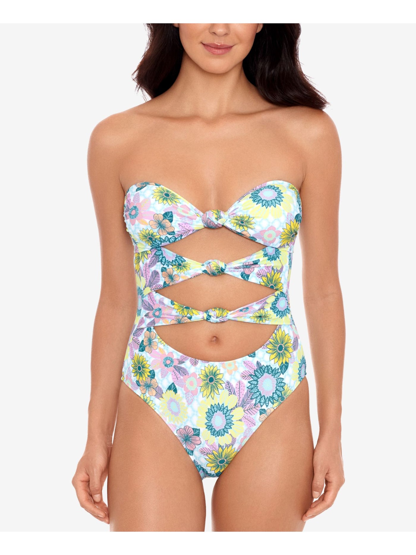 SALT + COVE Women's Light Blue Floral Cutout In Full Bloom Bandeau One Piece Swimsuit L